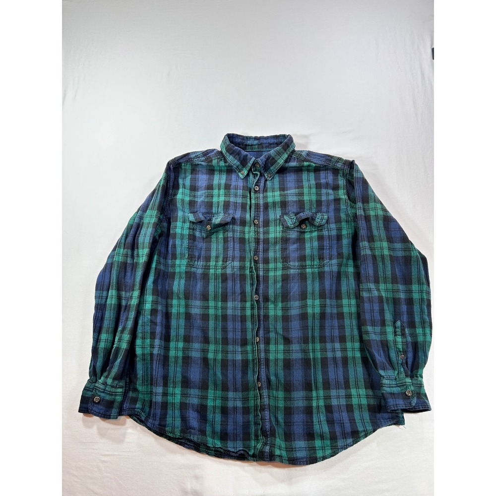 George Mens XL Blue Green Plaid Flannel Long Sleeve Button Down Shirt
